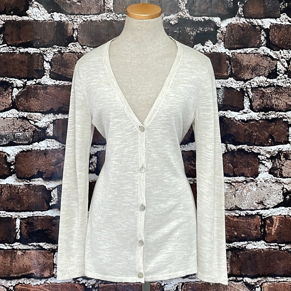 Eileen Fisher Cream Sweater Linen Button Front Cardigan Petite Medium